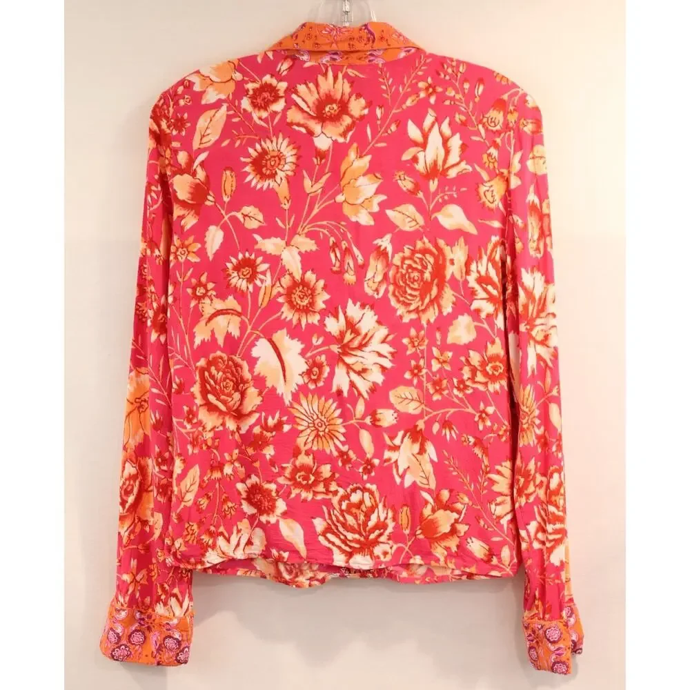 Anthropologie Kari Rayon Pajama Top Womens size S Pink Floral Mix Patchwork Trim